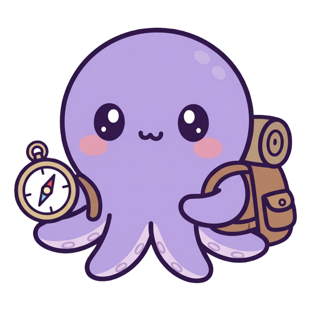 Ollie wearing a backpack and holding a compass, ready to explore