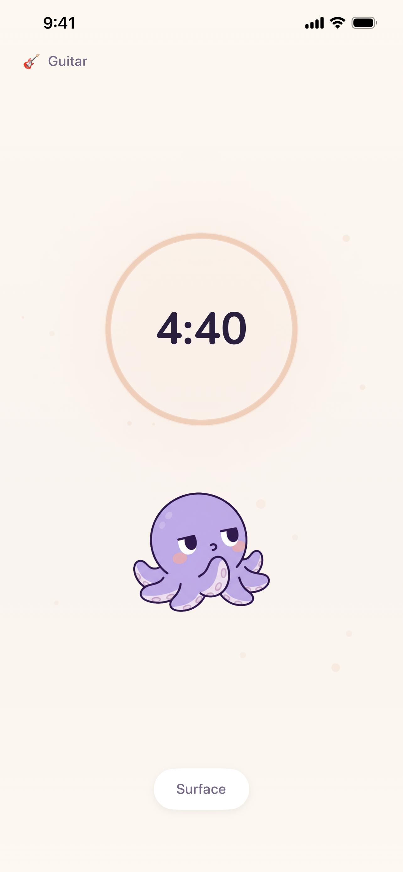 Ollie app dive timer screen showing a 4:40 focus session for Guitar with Ollie cheering you on