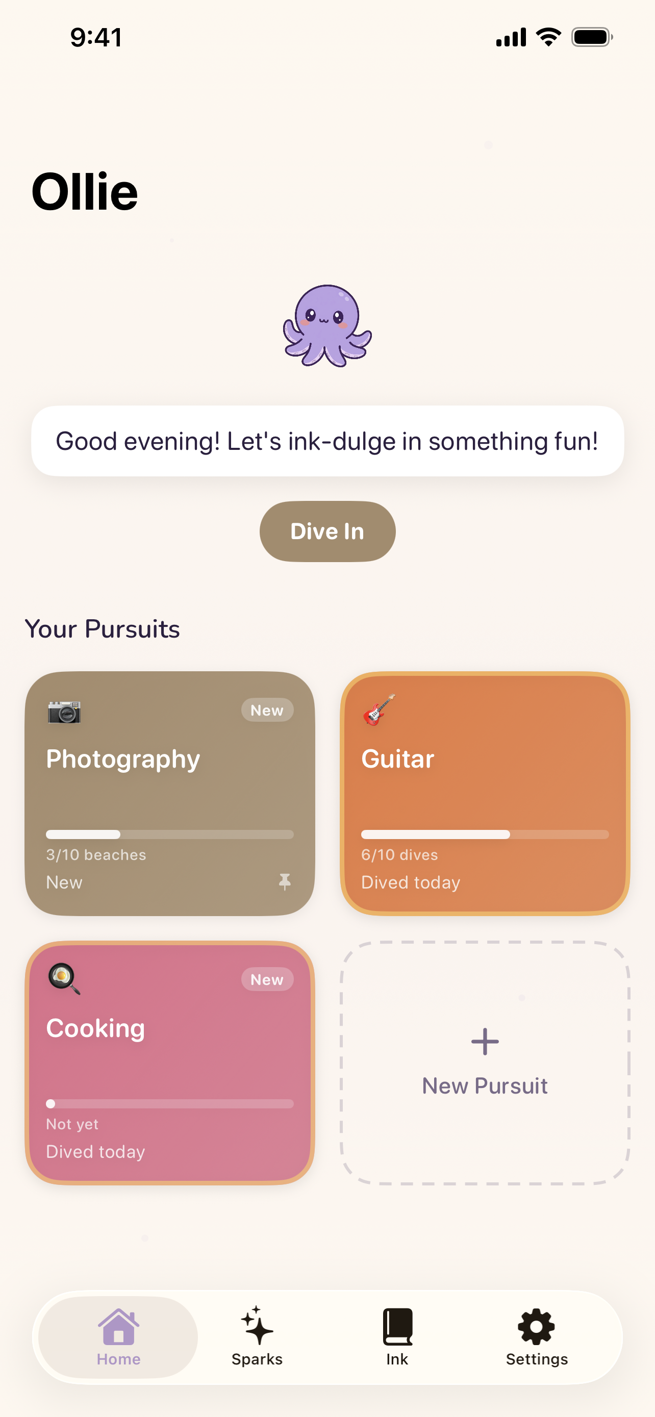 Ollie app home screen showing pursuits for Photography, Cooking, and Guitar with progress tracking